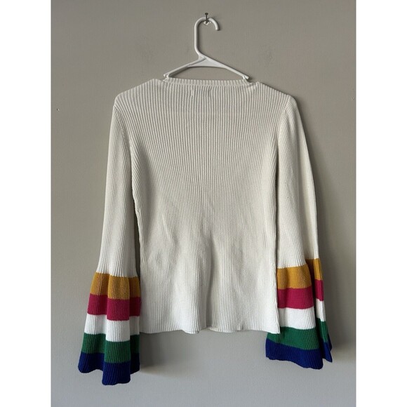 Crown & Ivy White Sweater With Rainbow Colorful Bell Flare Sleeves Size Small - Picture 4 of 10